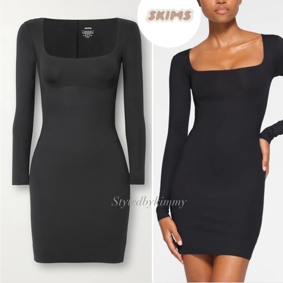 SKIMS Body Long Sleeve Slip Dress in Onyx Black Size M Medium NEW NWT - Picture 8 of 8